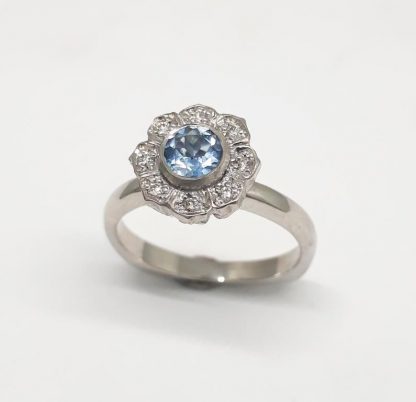 9ct White Gold Diamond Aquamarine Flower Ring - Goldfish Jewellery Design Studio
