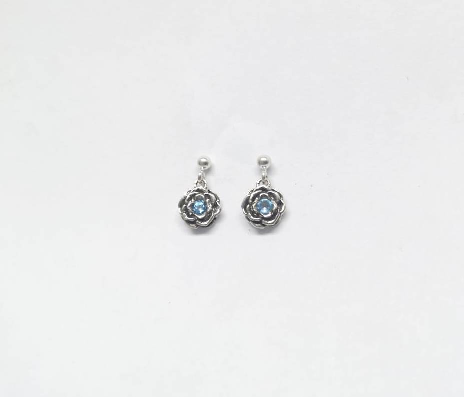 Sterling Silver 3D Rose with Blue Topaz Earrings - Goldfish Jewellery Design Studio