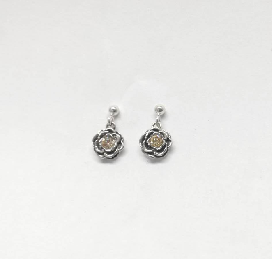 Sterling Silver 3D Rose with Cubic Zirconia Earrings (champagne CZ) - Goldfish Jewellery Design Studio