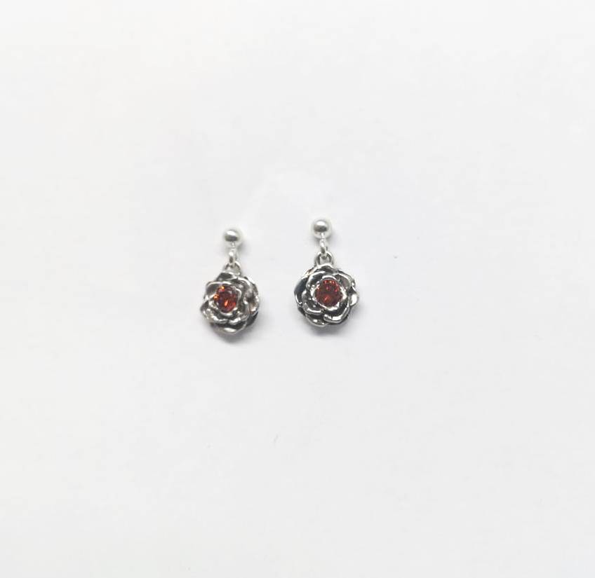 Sterling Silver 3D Rose with Cubic Zirconia Earrings (garnet CZ) - Goldfish Jewellery Design Studio
