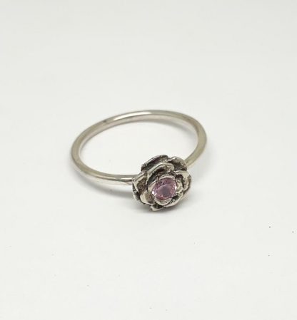 Sterling Silver 3D Rose with Cubic Zirconia Stack Ring (pink CZ) - Goldfish Jewellery Design Studio